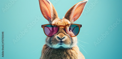Cool Bunny: A Stylish Rabbit Wearing Sunglasses Against a Vibrant Turquoise Background