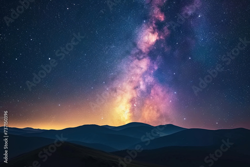Night landscape with colorful Milky Way and yellow light at mountains. Starry sky with hills at summer. Beautiful Universe. Space background