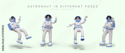 Set of astronauts in different positions. Male character in space suit