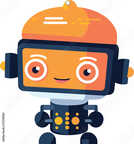 Cute orange robot character smiling antenna. Friendly android light bulb head vector illustration