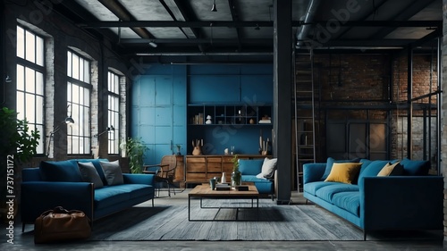Living room loft in industrial style, blue theme from Generative AI