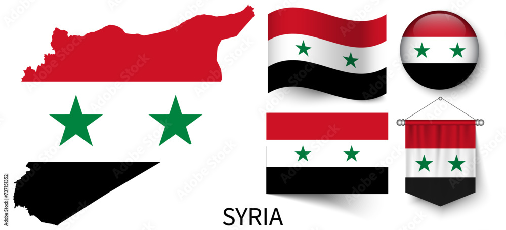 The various patterns of the Syria national flags and the map of Syria's borders