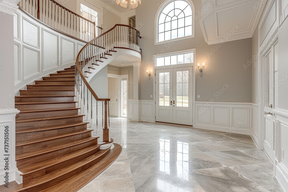 Foyer in new construction home with curved staircase - obrazy, fototapety, plakaty 