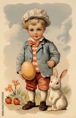 Vintage Easter card from 1930-1940. Cute little boy in his Easter outfit. Happy Easter! High resolution