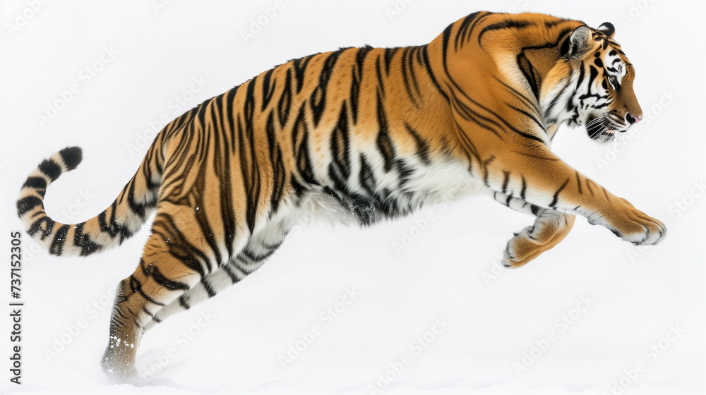 Obraz premium Bengal tiger jumping on white background. AI Generative.