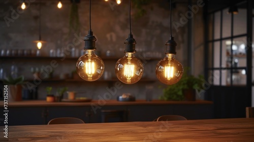 three light bulbs hanging from a ceiling in a room with a wooden table and chairs in front of a brick wall. photo