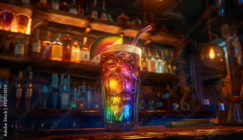 glass with colorful alcohol drink on bar counter, tropical exotic cocktail at nightclub glass with colorful alcohol drink on bar counter, tropical exotic cocktail at nightclub