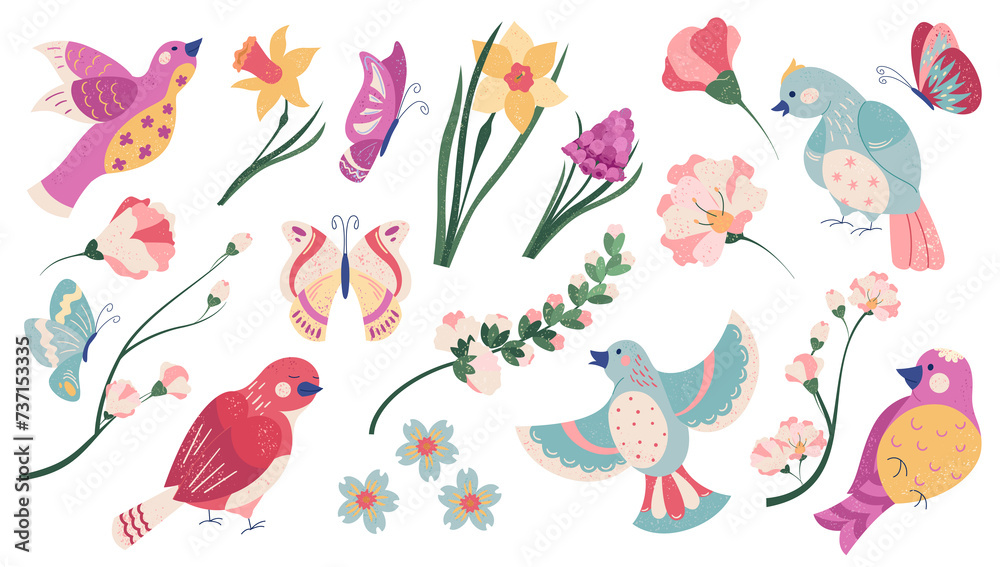 Hand drawn flat spring icon illustration with flowers and birds Hand drawn flat spring icon illustration with flowers and birds