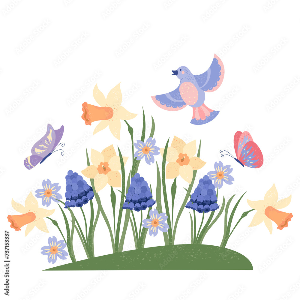 Hand drawn flat spring composition with flowers and birds
