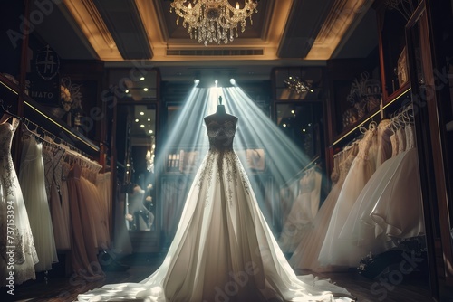 Stunning white silk wedding dress stands in the spotlight, surrounded by light array of exquisite gowns in luxurious white bridal shop setting. Atelier design sewing workshop. Bridal fashion.