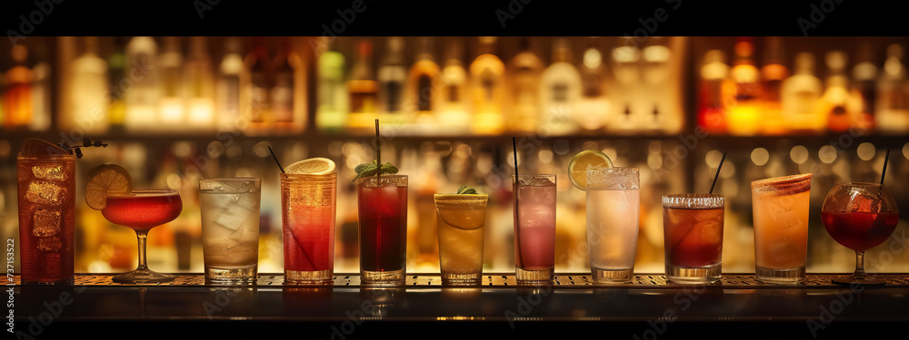 set of fresh and colorful exotic alcohol cocktail on counter in nightclub, collection of cold and fancy tropical drinks on table in bar set of fresh and colorful exotic alcohol cocktail on counter in nightclub, collection of cold and fancy tropical drinks on table in bar