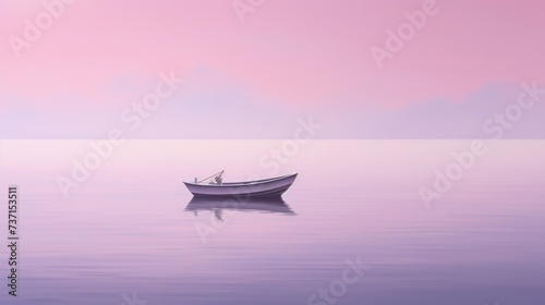a small boat floating on top of a large body of water under a pink and blue sky with a few clouds.