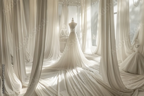 Stunning white silk wedding dress stands in the spotlight, surrounded by light array of exquisite gowns and silk satin fabrics flowing in luxurious white bridal shop. Atelier design sewing workshop.
