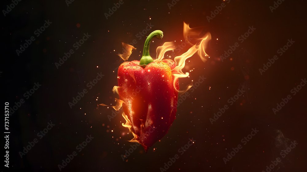 Red chili pepper in burning with fire flame on a dark background Red chili pepper in burning with fire flame on a dark background