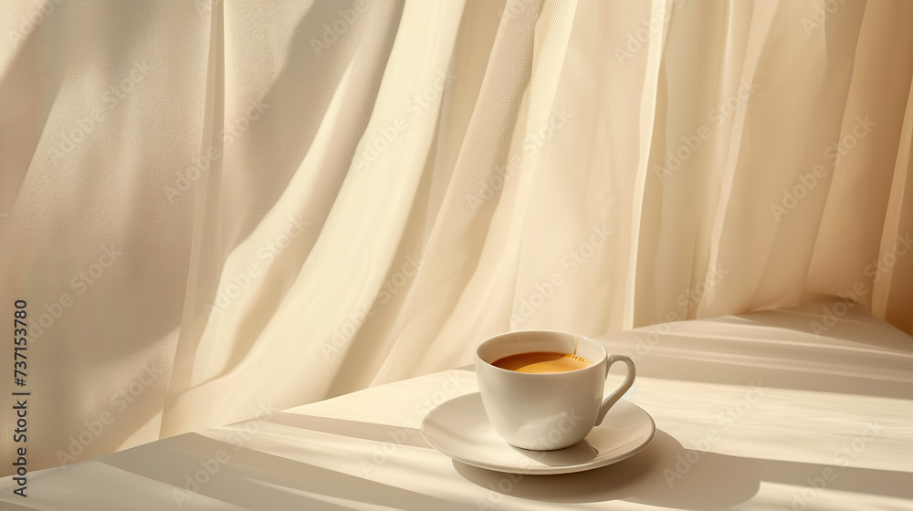 white cup of hot coffee or tea drink on white silk veil background, fresh morning beverage white cup of hot coffee or tea drink on white silk veil background, fresh morning beverage