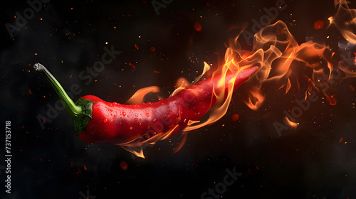 Red chili pepper in burning with fire flame on a dark background
