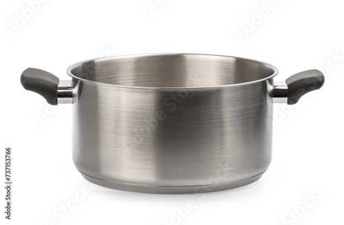Open stainless steel cooking pot over white background with clipping path