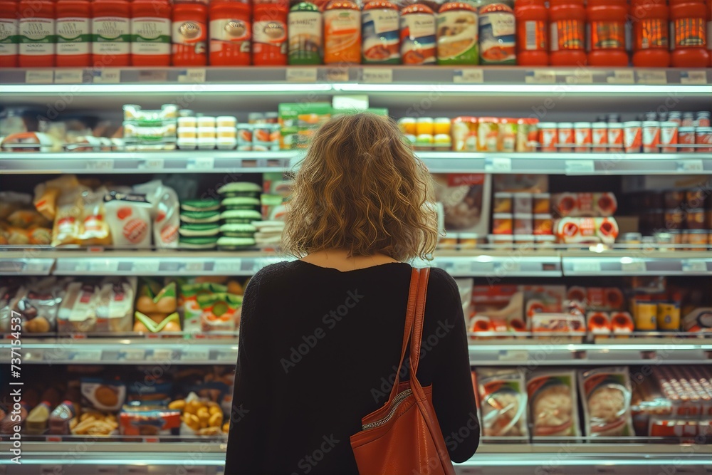 a woman choose the goods to buy on the shelf in a supermarket