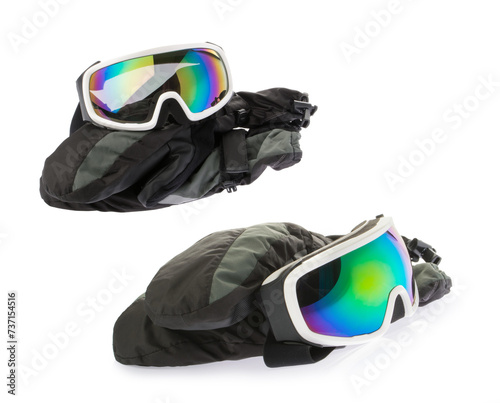 ski equipment goggles with gloves isolated on white clipping path
