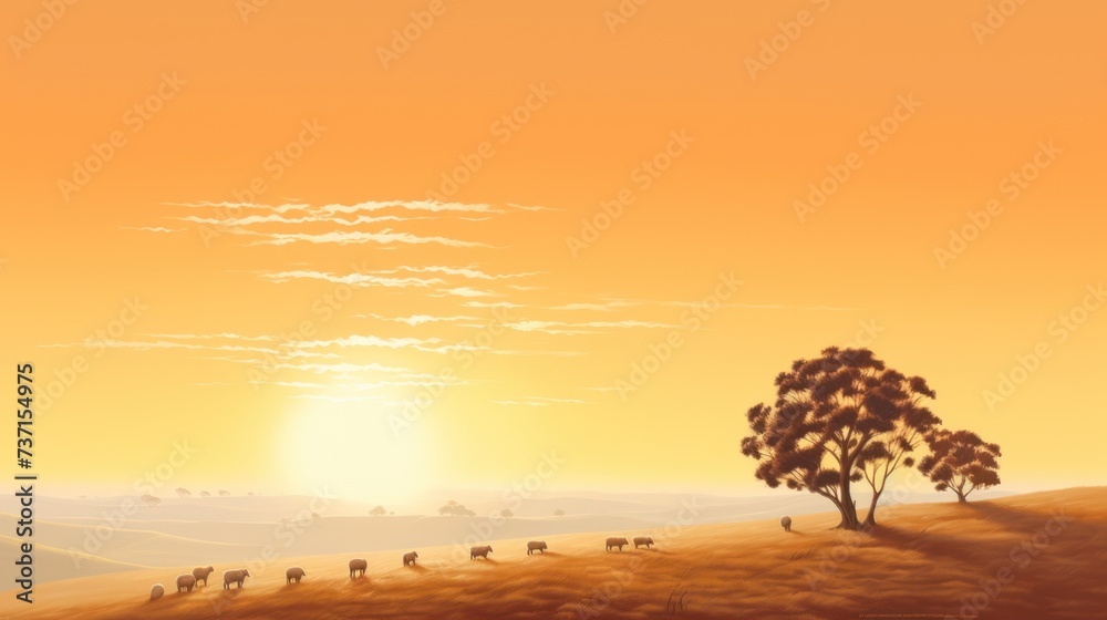 a painting of a sunset with a herd of sheep grazing and a lone tree.