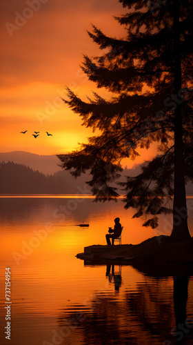 Serene Dusk Fishing - Lone Fisherman Enveloped by the Warm Hues of the Sunset, Waiting Patiently for a Catch at the Edge of a Calm Lake