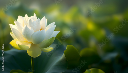 Wide shot of a white lotus flower blooming  its petals spreading outwards  surrounded by lush green leaves and diffused sunlight