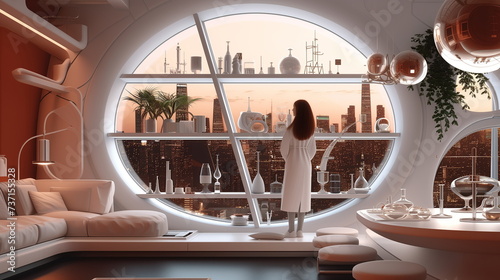 Bright futuristic interior with composite materials and panoramic window, white design, realistc