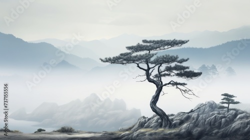 a painting tree middle mountain range with a foggy sky and mountains background.