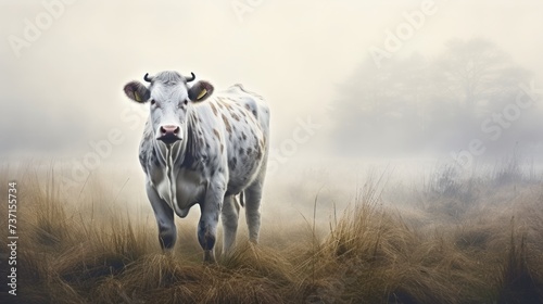 a white and brown cow standing in a field of tall grass on a foggy day with trees in the background.