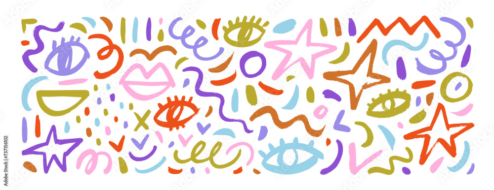 Set of fun colorful doodle elements like eyes, stars, lips, squiggles and dots texture. Set of fun colorful doodle elements like eyes, stars, lips, squiggles and dots texture.