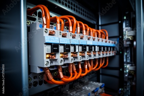 A Detailed View of a Copper Busbar Installed in an Industrial Electrical Cabinet, Surrounded by Wires and Circuit Breakers