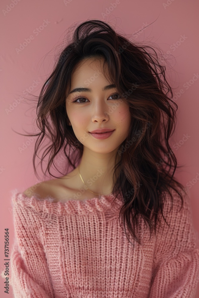 An attractive young Japanese woman with a natural and fresh look, smiling against a white background.