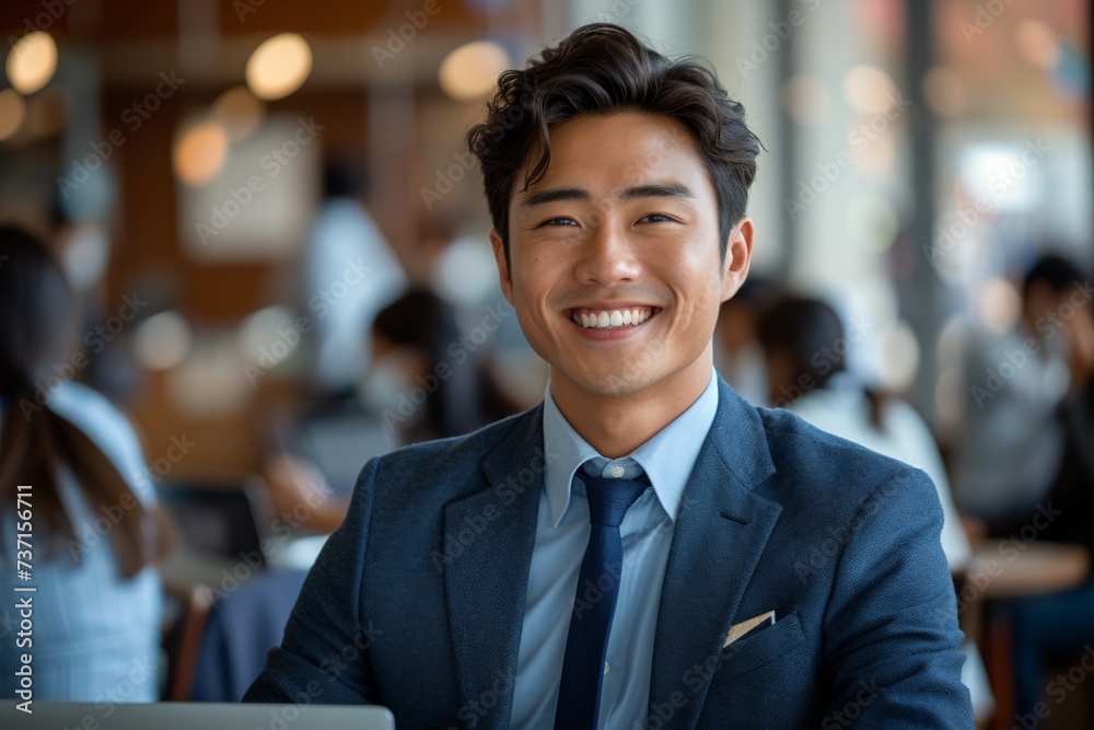 A cheerful Chinese manager, excited and professional, exudes happiness in a modern office setting. A cheerful Chinese manager, excited and professional, exudes happiness in a modern office setting.