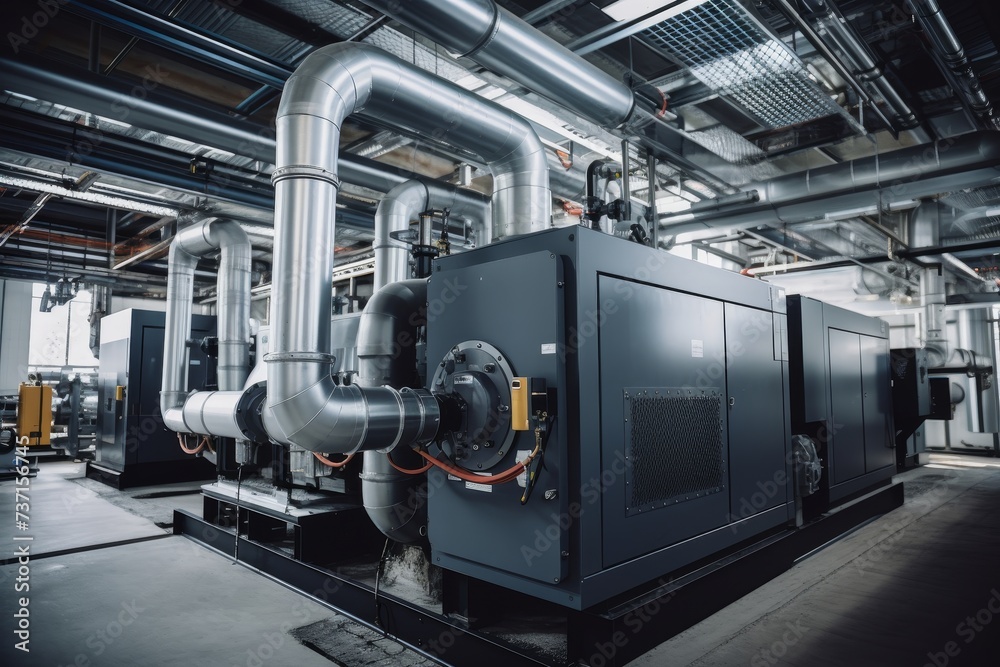A Detailed View of a Fan Coil Unit in an Industrial Setting, Surrounded by Complex Machinery, Piping Systems and Electrical Wiring A Detailed View of a Fan Coil Unit in an Industrial Setting, Surrounded by Complex Machinery, Piping Systems and Electrical Wiring