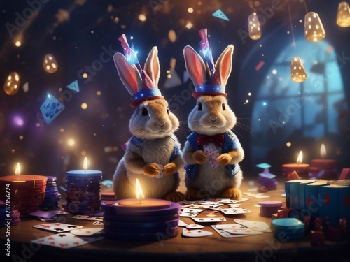 Magician's Wonderland: Two Rabbits Mesmerize with Mystical Hats, Conjuring a Spectacular Array of Surprises - AI-Generated Enchantment and Whimsy © Chathura
