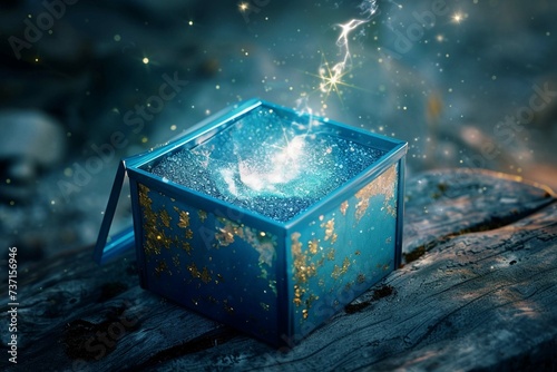 Blue open gift box with magical light © Areesha