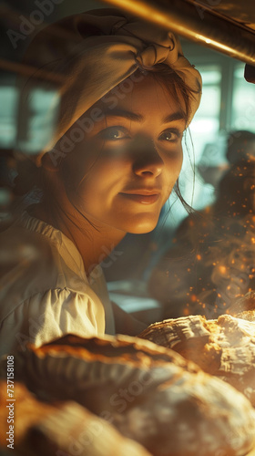 Woman Smiling with Satisfaction as She Bakes a Pie in a Glowing Oven