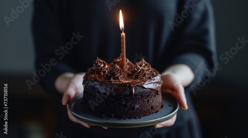 a close up person holding a cake with a lit candle on top of it in front dark background.