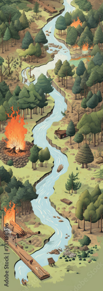 Obraz premium A Painting of a River Running Through a Forest