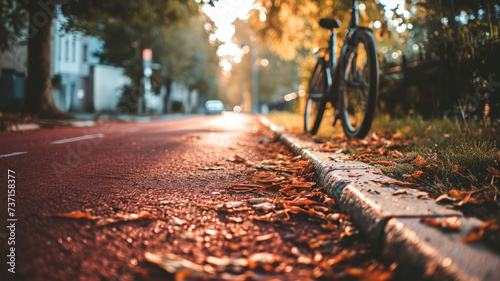 Bicycle parked next to red asphalt cycling lane, bike path in autumn park with fallen leaves at sunset, concept of eco-friendly urban transportation © salarko