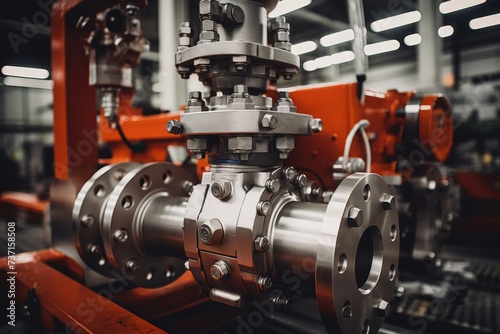 A close-up view of a robust industrial valve, set against a backdrop of intricate machinery and complex pipework in a bustling factory setting