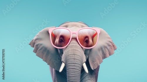 Creative animal concept. Elephant in sunglass shade glasses isolated on solid pastel background, commercial, editorial advertisement, surreal surrealism