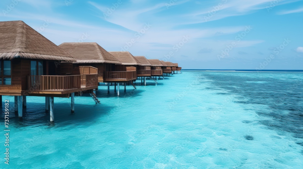 a row of huts sitting on top of a body of water next to a shore covered in blue ocean water.