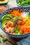 Poke bowl, riz, saumon, avocat, crevette, plat sain et coloré dans un bol, illustration ia générative