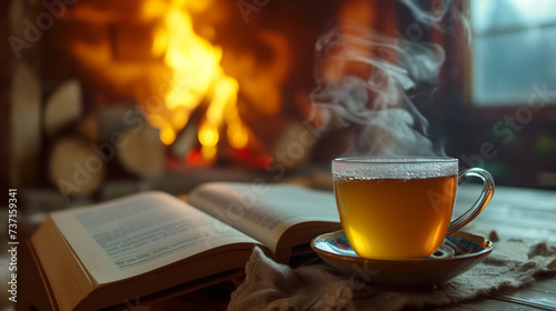 cup of tea and open book near fireplace at cozy home  hot drink at winter evening by fire place  cosy rest and relaxation concept