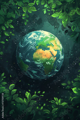 Earth globe with leaves and plants on green background. Environment and conservation concept. International Mother Earth Day. Environmental problems and protection. Caring for nature