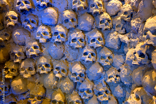 Wall of human skulls and bones
