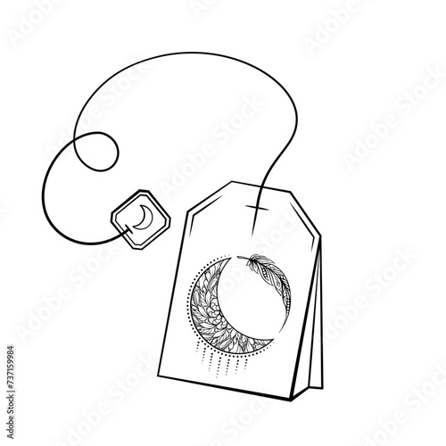 Black and white crescent moon tea bag illustration. Magic calming tea for a good sleep and relaxation.