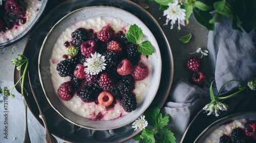 a bowl of oatmeal with berries, raspberries, and mint on top of a table. photo