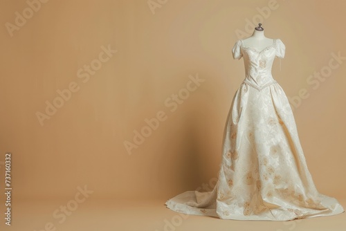 White pastel designed art fashioned Wedding dress silk and embroidery is on dummy over beige background with copy space